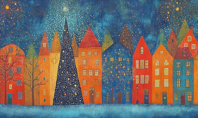Christmas tree glows in a smal town square, holiday painting, festive xmas art celebration, cozy winter scene