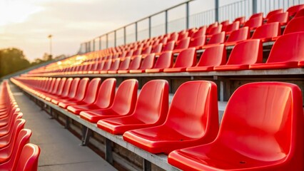 Fototapeta premium Bright red plastic chairs in an open stadium are illuminated by daylight. Several rows create a rhythmic structure. An ideal background for the sports theme.