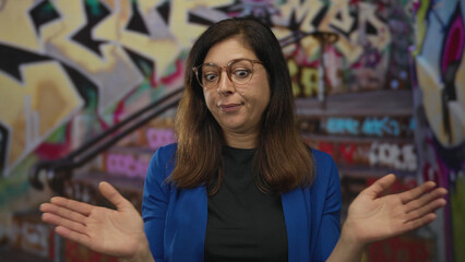 Woman shrugs shoulders with raised palms on urban graffiti street amid colorful mural backdrop; uncertainty.