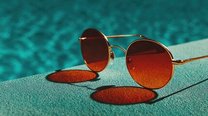 Round sunglasses on teal poolside