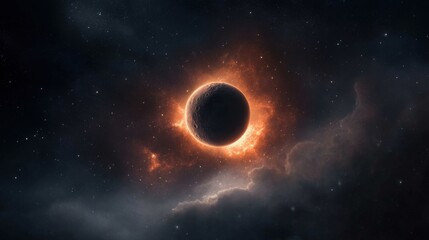 Fototapeta premium Dark planet with bright orange glow in star-filled cosmos