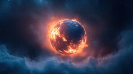 Cosmic planet burning in a star-filled space with nebula