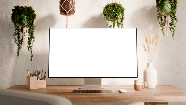 Computer monitor with blank screen mockup on a wooden desk - modern workspace in boho style surrounded by hanging plants and minimalist decor - Front Side Wide Perspective