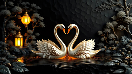 Swan pair  floating on water , tree and  lantern light at background,wall decor 