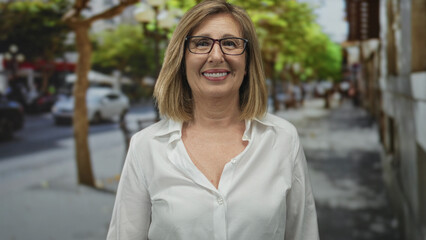 Woman wearing glasses pointing finger to head and smiling on city street; curiosity insight...