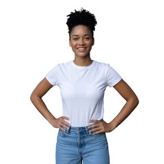 Confident African American teen student in a casual t-shirt and jeans is standing and smiling in a studio