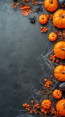 Vibrant Orange Pumpkins Surrounded by Spider Webs and Autumn Leaves for Halloween Decor.