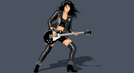 Fototapeta premium Dynamic female guitarist performing rock music in edgy leather fashion