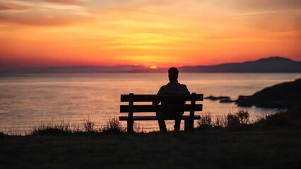 Silhouette of a man on the beach sitting on a wooden bench at sunset