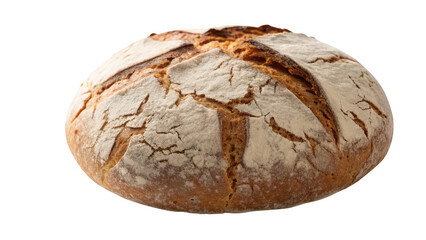 Rustic round sourdough bread loaf with a golden crust isolated on transparent background