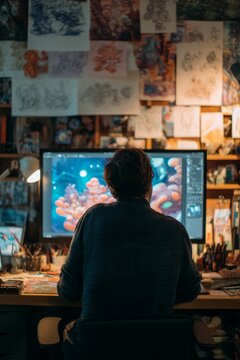 A game developer in a creative studio surrounded by sketches and concept art. A monitor displays a vibrant video game scene. The mood feels, Generati AI
