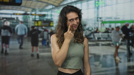 Fototapeta premium Hispanic young woman pointing finger to cheek in busy modern airport terminal awaiting departure; quiet reflection.