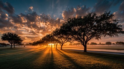 Sunrise through trees, golden light, morning mist