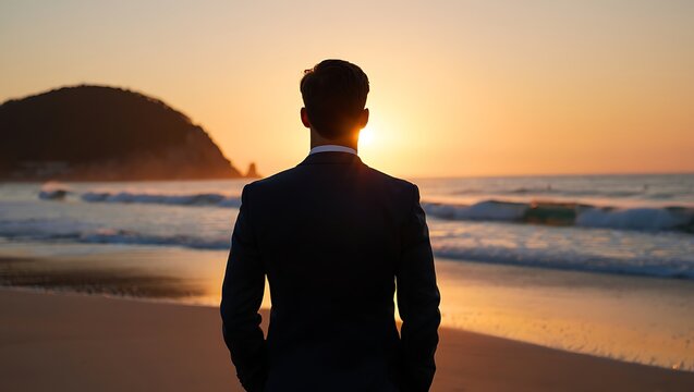 Silhouette of a businessman in a suit standing on a beach at sunset looking out at the ocean and reflecting on life and success - Powered by Adobe