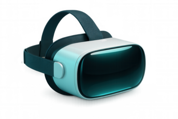 Virtual reality headset featuring dark blue headband, symbolizing innovative digital interaction against clean transparent backdrop