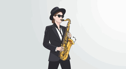 Fototapeta premium Stylish saxophonist in a suit delivering a smooth jazz performance art