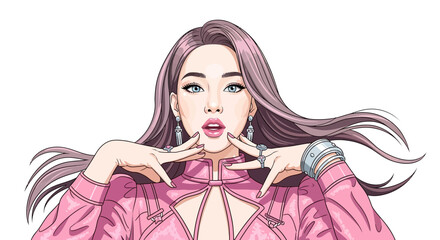 Stylish young woman with soft colored hair wearing fashionable pink outfit