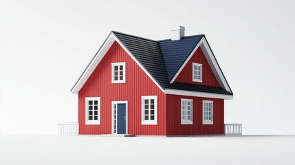 The concept of a cute cottage home is depicted in a 3d rendering as a charming little red house with a porch isolated on a white background