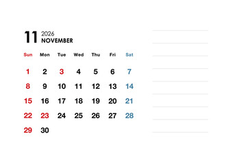 2026年11月カレンダー　メモ付き