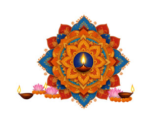 Colorful mandala with oil lamps and flowers isolated on transparent background