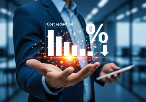 Cost Reduction in the palm: An expert businessman uses innovative digital tool to show a falling graph representing cost reduction.