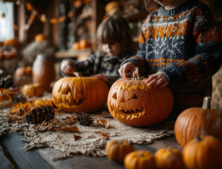 Close-up kids hands carving Halloween pumpkins