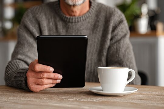 Senior man using tablet in cafe