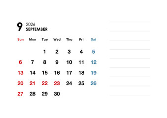 2026年9月カレンダー　メモ付き