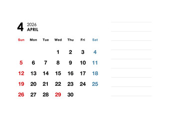 2026年4月カレンダー　メモ付き