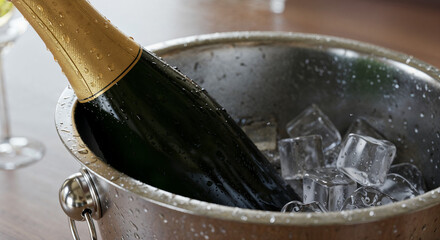 Close-up of champagne bottle in ice bucket with condensation and luxury feel
