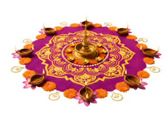 Beautiful indian rangoli with oil lamps isolated on transparent background