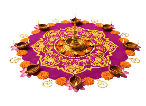 Beautiful indian rangoli with oil lamps isolated on transparent background