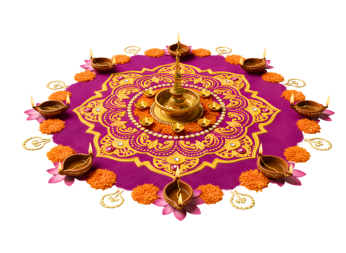 Beautiful indian rangoli with oil lamps isolated on transparent background