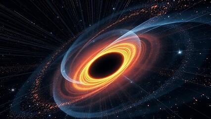 A black hole distorting space-time with quantum particles dancing harmoniously around it.