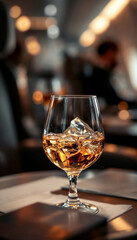 Obraz premium Business class close-up of alcoholic drink on tray table 