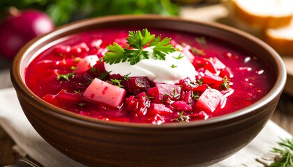 Red soup in bowl with sour cream and garnish