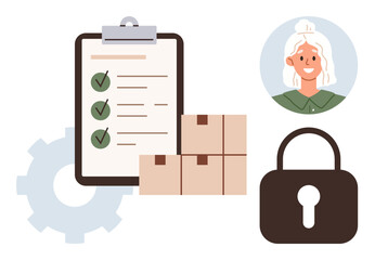 Completed checklist, boxes, padlock, gear, and smiling person representing productivity, logistics, security, collaboration management process efficiency. Ideal for planning organization