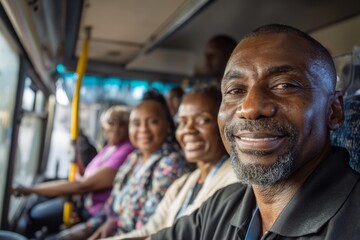 A bus driver behind the wheel of a city bus. Passengers board with smiles. The mood feels steady and dependable, Generative AI 