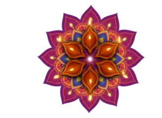 Diwali diya arrangement in a floral mandala pattern isolated on transparent background