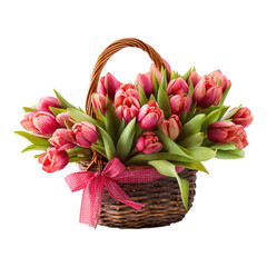 Obraz premium Colorful Tulip Flowers Arrangement in a Basket with Ribbon