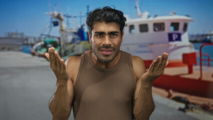 Man in a brown tank top raises both hands beside a fishing boat on a street under clear sunlight;...