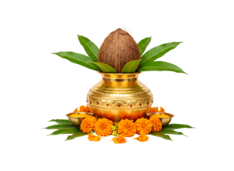 Golden kalash with coconut and marigold flowers isolated on transparent background
