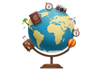 Globe with travel icons and objects isolated on transparent background