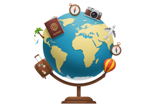 Globe with travel icons and objects isolated on transparent background
