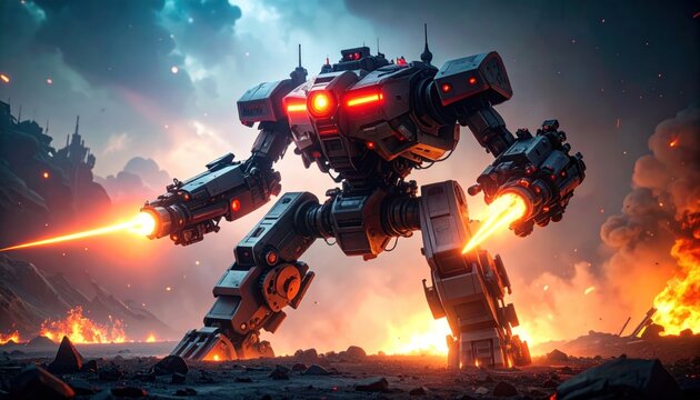 Robot Mech Firing Lasers at Battlefield with Fire, Futuristic, and War.