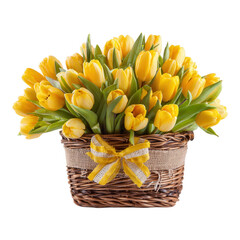 Colorful Tulip Flowers Arrangement in a Basket with Ribbon