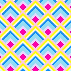 A bold and vibrant seamless pattern featuring a striking geometric design of chevrons and diamonds in a playful, eye-catching color palette.