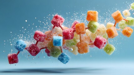 Floating sugar cubes dissolving into vibrant molecular structures, depicting metabolic balance.