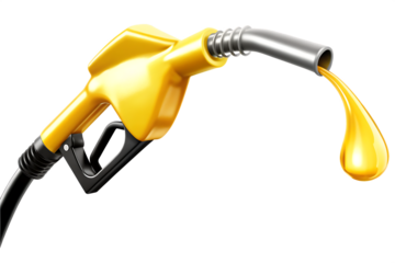 Yellow fuel nozzle dispensing golden liquid isolated on a transparent background