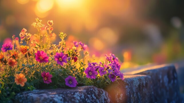 The scene of a serene memorial garden is beautiful with fresh spring flowers resting on an ancient stone grave marker under soft morning light and a peaceful cemetery background